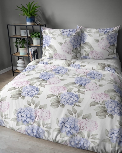 Komplet pościeli z satyny bawełnianej 140x200 w pastelowe błękitne i różowe hortensje Home Satin