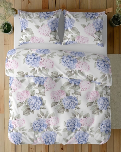 Komplet pościeli z satyny bawełnianej 160x200 w błękitne hortensje Home Satin