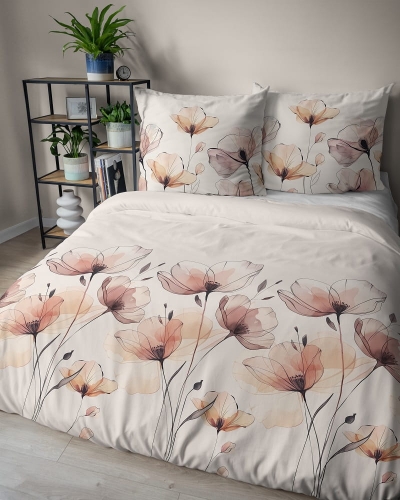 Komplet pościeli z satyny bawełnianej kremowej 160x200 w maki