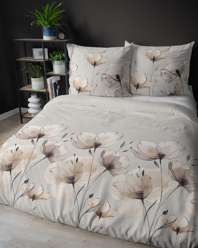 Komplet pościeli z satyny bawełnianej 160x200 w beżowe maki