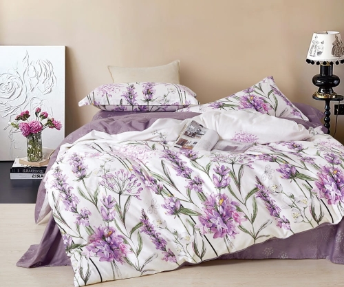 Komplet pościeli z bawełny satynowej 140x200 w lawendowe kwiaty