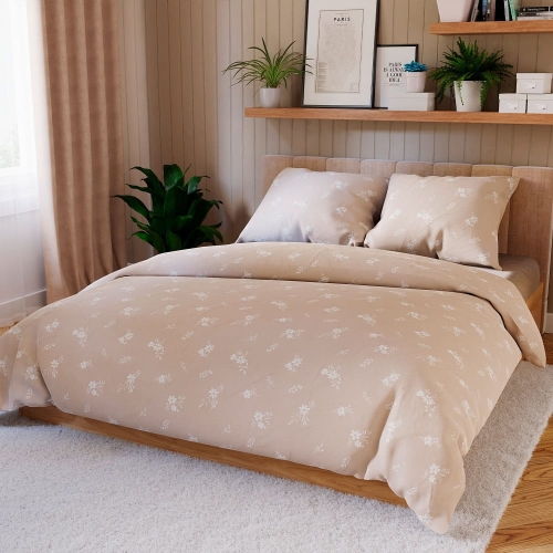 Komplet pościeli z bawełny satynowej beżowej w kwiaty 160x200 Velora