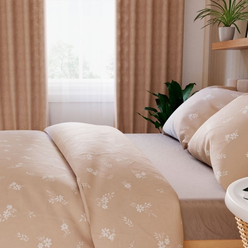 Komplet pościeli z bawełny satynowej beżowej w kwiaty 160x200 Velora