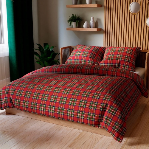 Komplet świątecznej pościeli z bawełny satynowej 220x200 w czerwono zieloną kratę