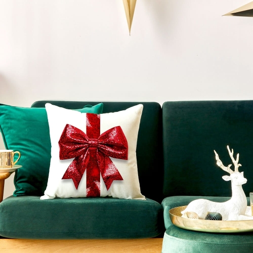 Poszewka dekoracyjna świąteczna 40x40 Czerwona Brokatowa Kokarda