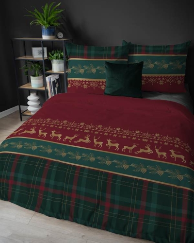 Pościel flanelowa świąteczna czerwona 160x200 Złote Renifery