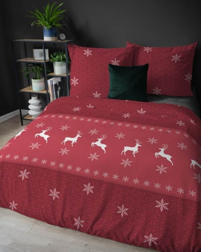 Pościel flanelowa świąteczna czerwona 160x200 Białe Renifery 