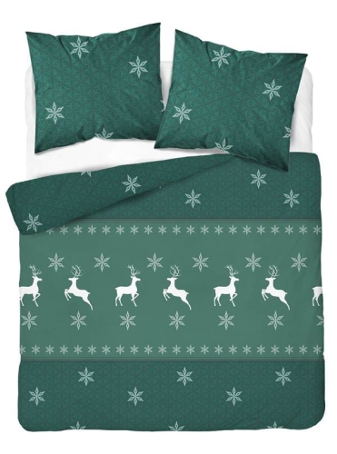 Pościel flanelowa świąteczna zielona 220x200 Białe Renifery