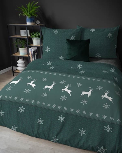 Pościel flanelowa świąteczna zielona 220x200 Białe Renifery