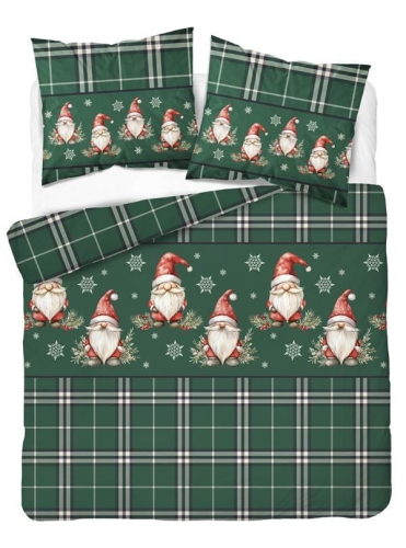 Pościel flanelowa świąteczna zielona 220x200 Skrzaty w czapkach Mikołaja