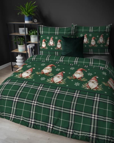 Pościel flanelowa świąteczna zielona 220x200 Skrzaty w czapkach Mikołaja