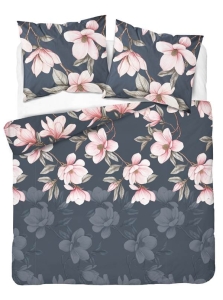 Pościel flanelowa granatowej 220x200 w różowe magnolie