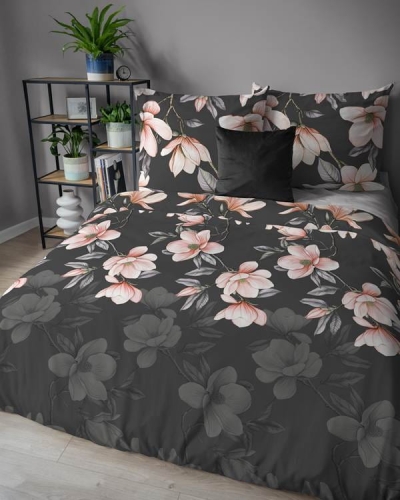 Pościel flanelowa grafitowa 220x200 w różowe magnolie