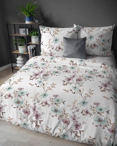 Pościel flanelowa 160x200 w fioletowe i błękitne kwiaty