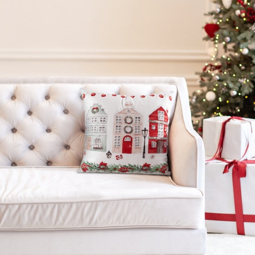Poszewka świąteczna velvetowa 45x45 Świąteczne Domki