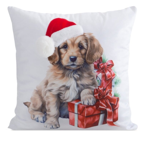 Poszewka świąteczna velvetowa 45x45 Piesek w Czapce Mikołaja