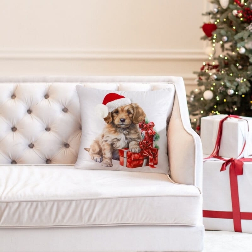 Poszewka świąteczna velvetowa 45x45 Piesek w Czapce Mikołaja