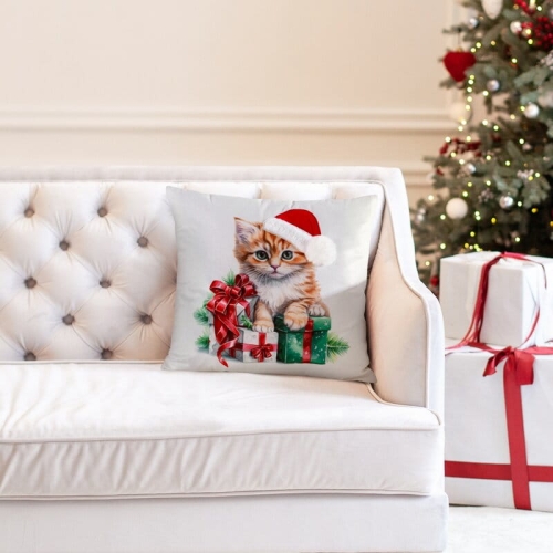 Poszewka świąteczna velvetowa 45x45 Kotek w Czapce Mikołaja