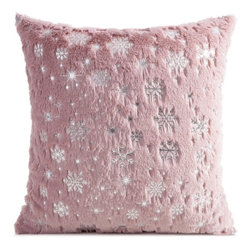 Poszewka świąteczna futrzana pudrowa 45x45 Srebrne Śnieżynki