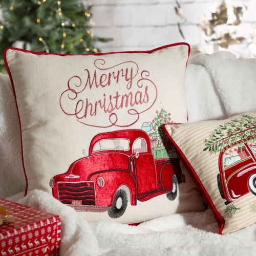 Poszewka świąteczna haftowana 45x45 Merry Christmas Samochód z Choinką