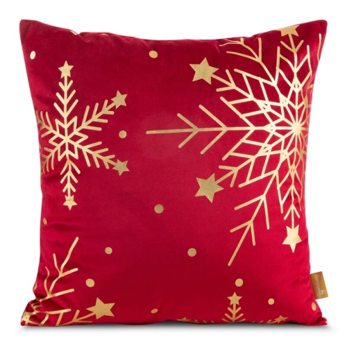 Poszewka świąteczna Velvetowa Czerwona 45x45 Złote Płatki Śniegu