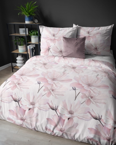 Komplet pościeli z satyny bawełnianej 220x200 w różowe malarskie kwiaty