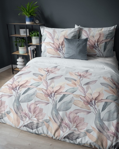 Komplet pościeli z satyny bawełnianej miętowej 160x200 w roślinny wzór