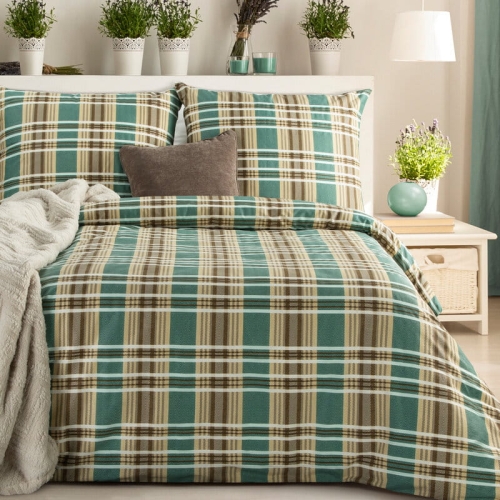 Komplet pościeli z bawełny satynowej Spring 140x200 zielono beżowa w kratę