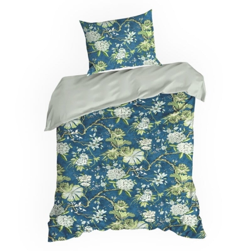 Komplet pościeli z bawełny satynowej granatowej Spring 140x200 w kwiatowy wzór