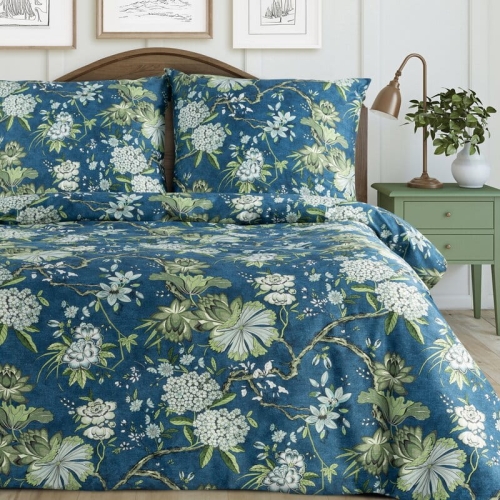 Komplet pościeli z bawełny satynowej granatowej Spring 160x200 w kwiatowy wzór
