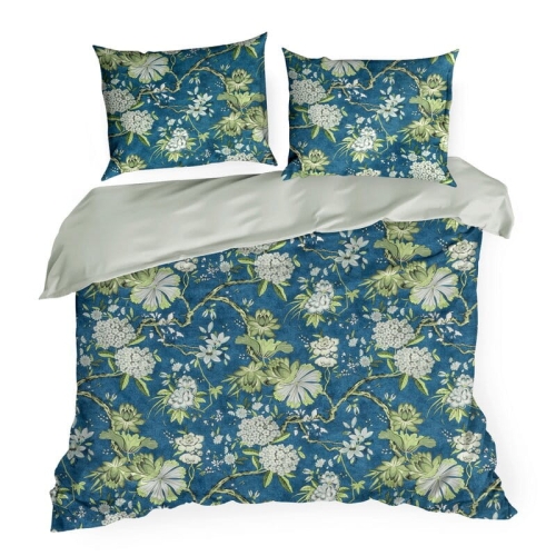 Komplet pościeli z bawełny satynowej granatowej Spring 160x200 w kwiatowy wzór