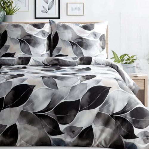 Komplet pościeli z bawełny satynowej w liście Spring 160x200 w odcieniach czerni, szarości i bieli 