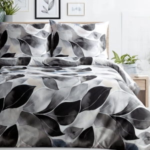 Komplet pościeli z bawełny satynowej w liście Spring 220x200 w odcieniach czerni, szarości i bieli 