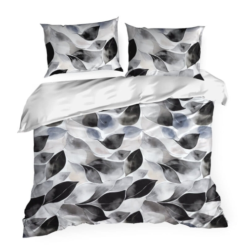Komplet pościeli z bawełny satynowej w liście Spring 220x200 w odcieniach czerni, szarości i bieli 