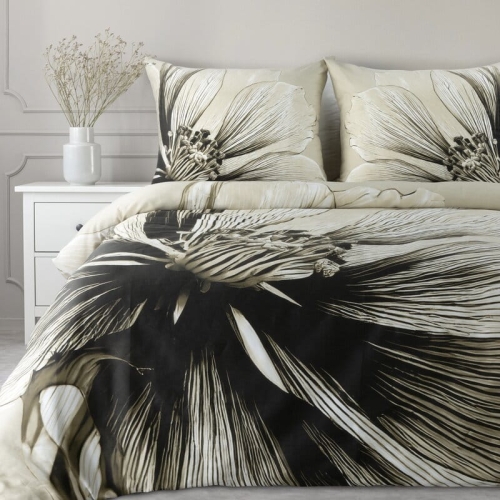 Komplet pościeli z bawełny satynowej Spring 160x200 w duży czarno beżowy kwiat