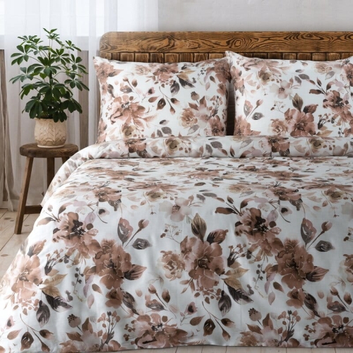 Komplet pościeli z bawełny satynowej Spring 160x200 beżowe, brązowe i pudrowe kwiaty
