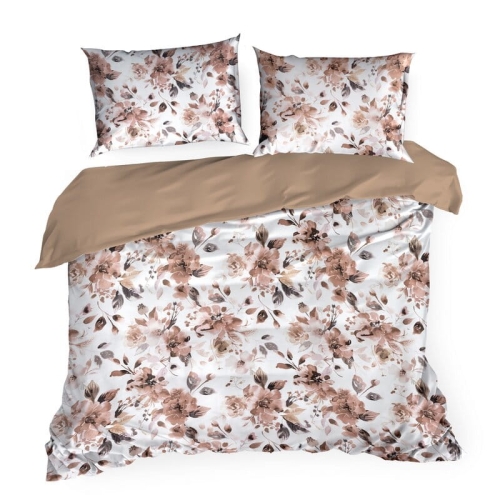 Komplet pościeli z bawełny satynowej Spring 160x200 beżowe, brązowe i pudrowe kwiaty