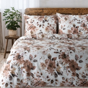Komplet pościeli z bawełny satynowej Spring 220x200 beżowe, brązowe i pudrowe kwiaty