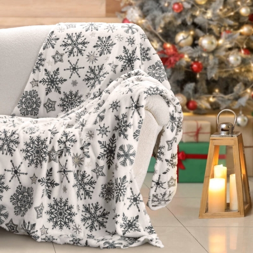 Koc świąteczny biały 150x200 Granatowe Płatki Śniegu
