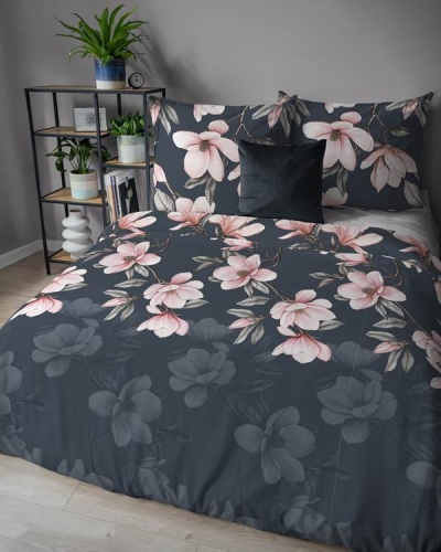 Pościel flanelowa grafitowej 140x200 w różowe magnolie