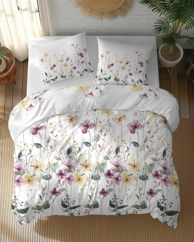 Pościel bawełniana 100% 180x200 w żółte i fioletowe kwiaty