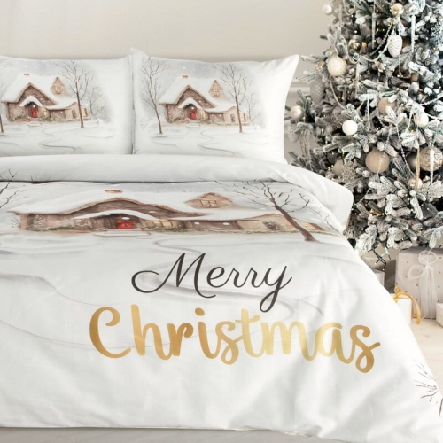 Świąteczna pościel z bawełny satynowej 220x200 Zimowa Chatka