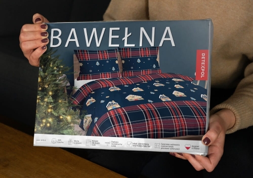 Świąteczna pościel bawełniana granatowo czerwona 220x200 Domki