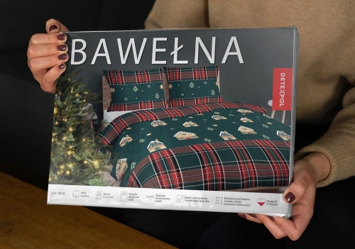 Świąteczna pościel bawełniana zielono czerwona 220x200 Piernikowe Domki