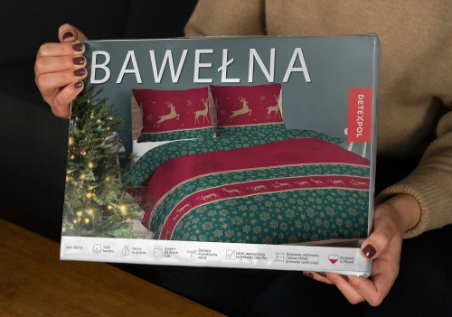 Świąteczna pościel bawełniana czerwono zielona 160x200 Złote Renifery