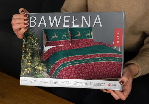 Świąteczna pościel bawełniana zielono czerwona 220x200 Złote Renifery