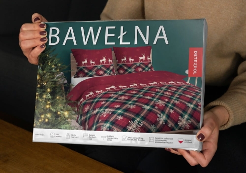 Świąteczna pościel bawełniana czerwona 160x200 Śnieżynki i Renifery