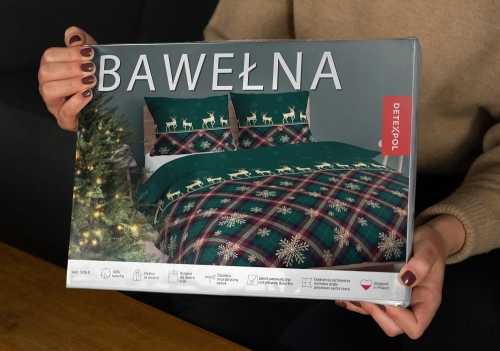 Świąteczna pościel bawełniana zielona 160x200 Śnieżynki i Renifery