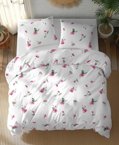 Pościel bawełniana biała 100% 220x200 w drobne różowe kwiatuszki