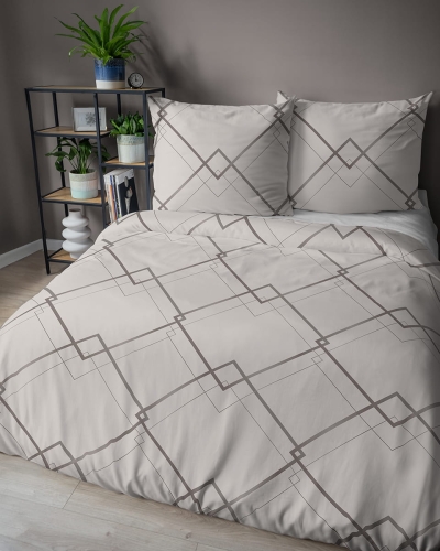 Komplet pościeli z satyny bawełnianej beżowej 160x200 we wzór geometryczny Home Satin